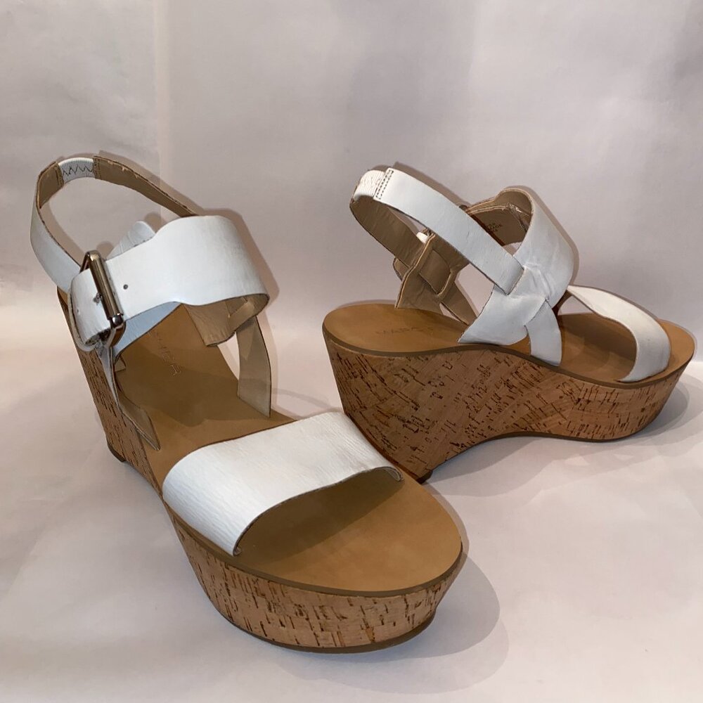 Marc Fisher Foralie Leather Platform Cork Wedges - White, Size 10